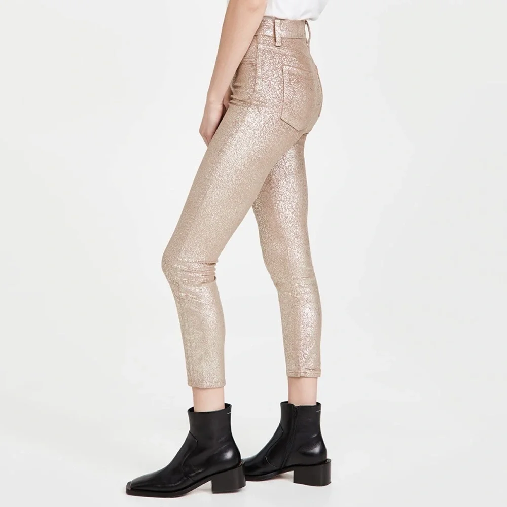 NWT 7 For All Mankind High Waist Skinny Ankle Jean Metallic Velvet Gold